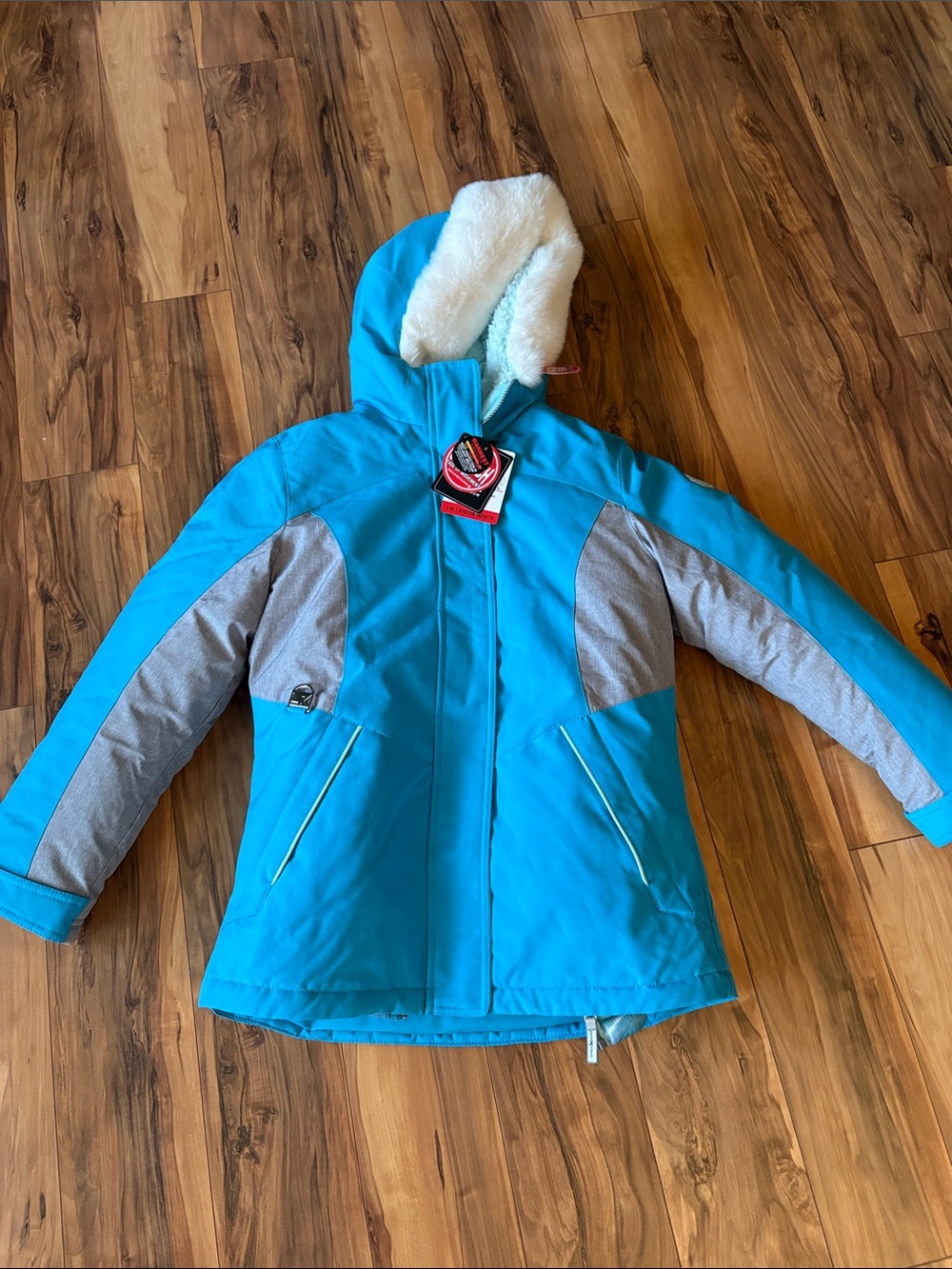Girls' Aqua Blue and Gray Insulated Hooded Winter Puffer Jacket